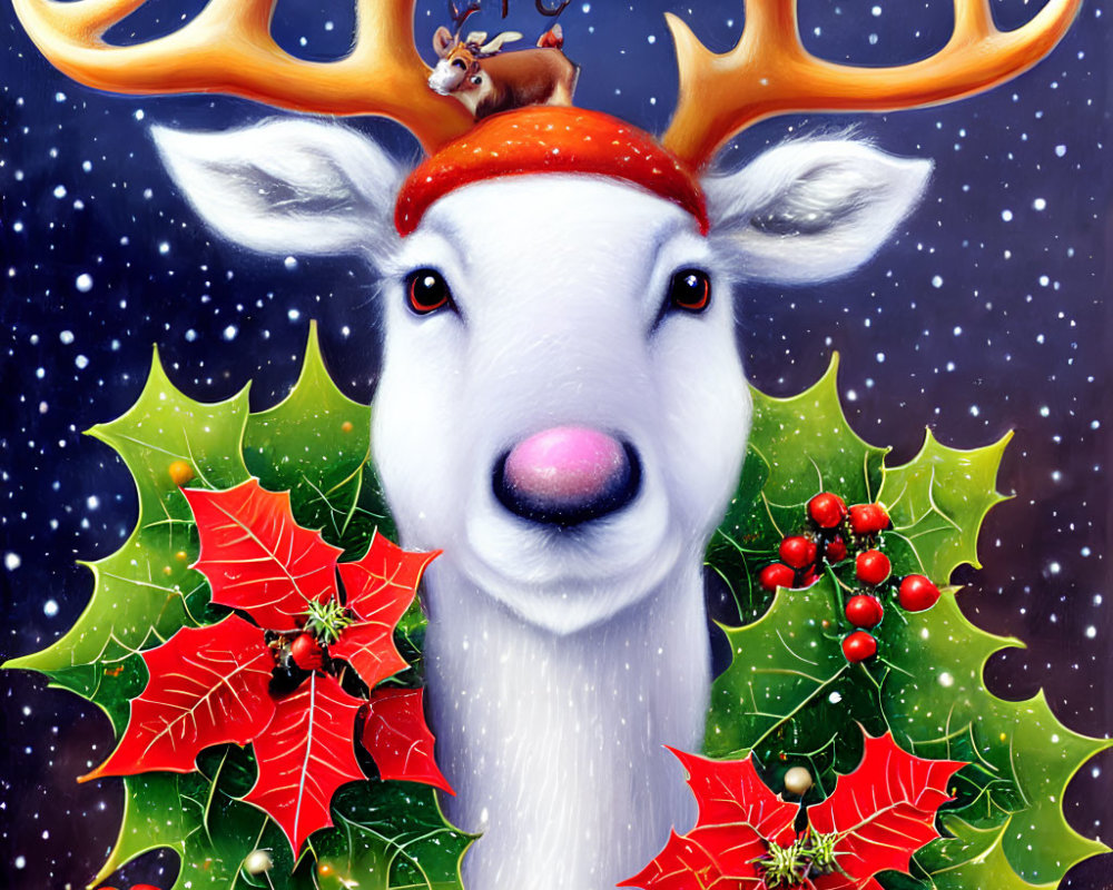 Whimsical reindeer with holly decoration and squirrel under starry sky