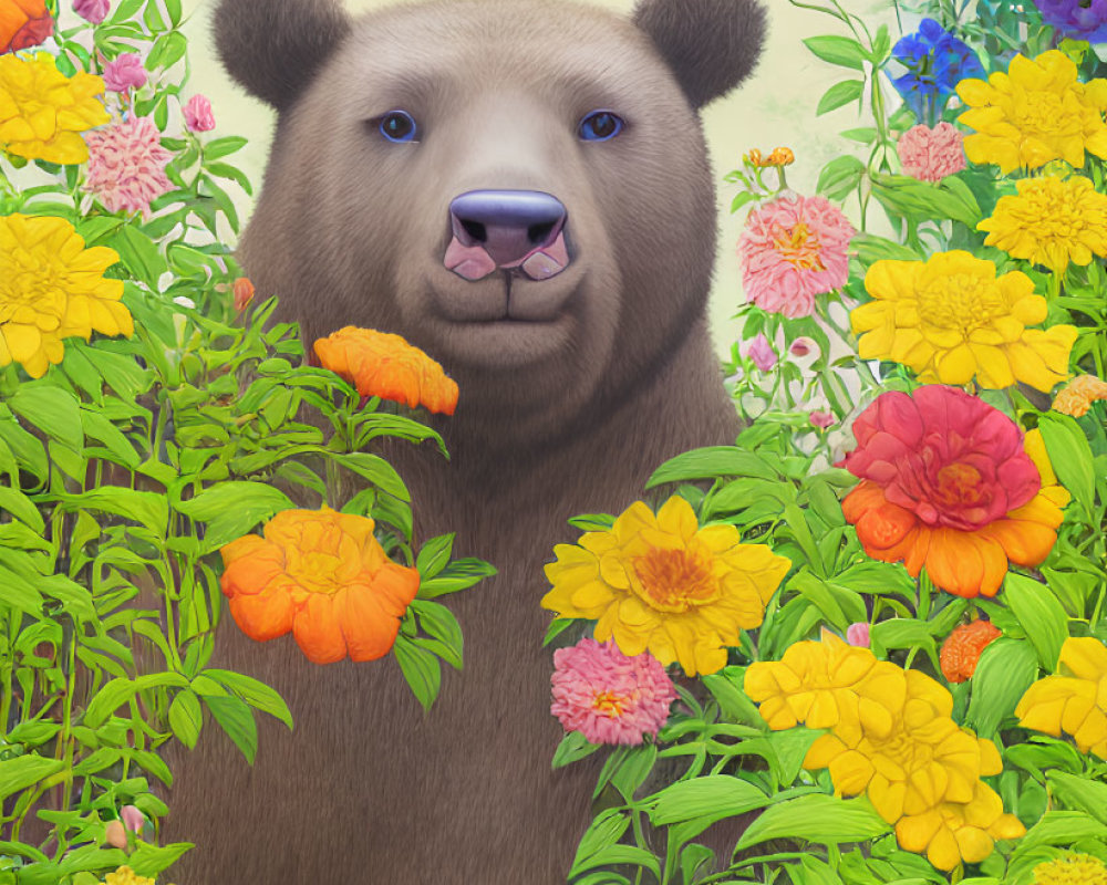 Brown Bear Peeking from Colorful Flower Garden