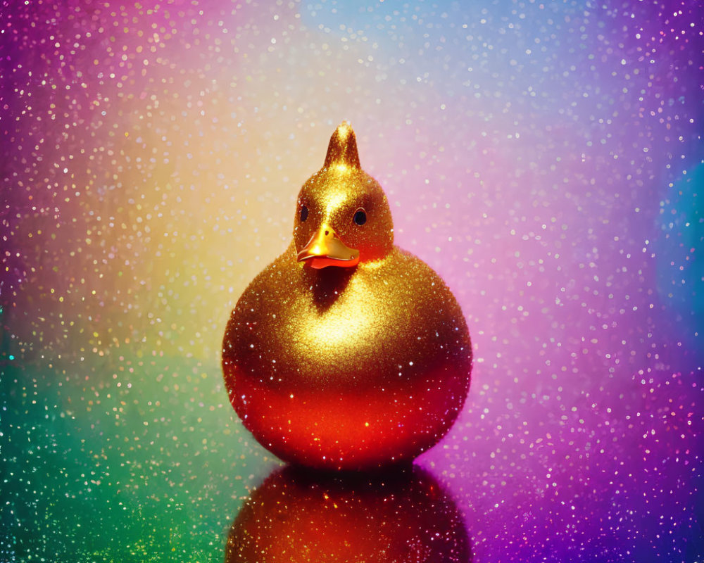 Golden Rubber Duck on Reflective Surface with Vibrant Rainbow Bokeh