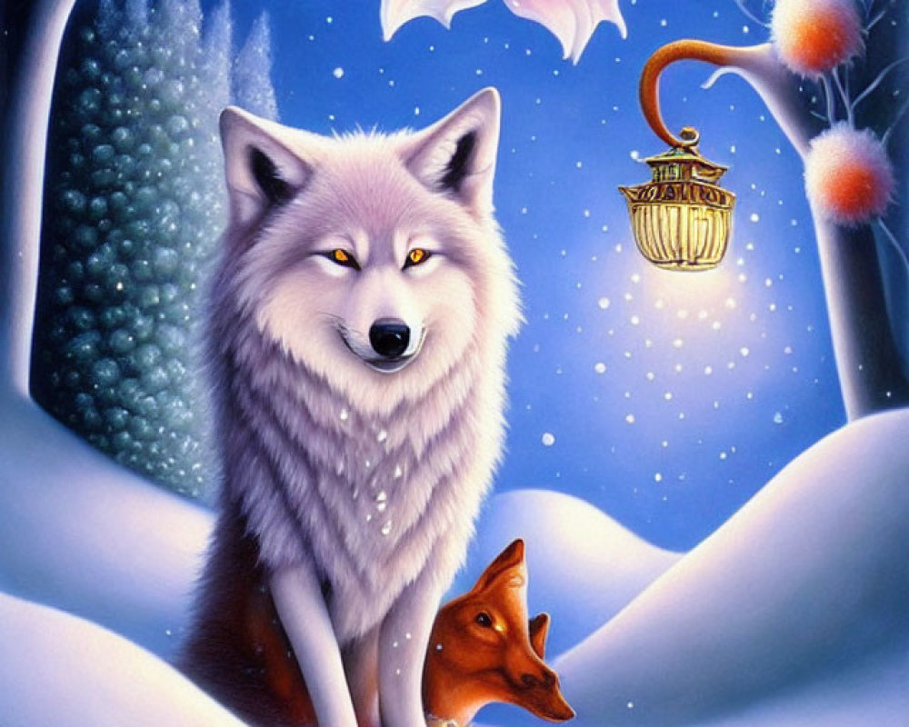 White wolf and fox in snowy landscape with lantern and flowers