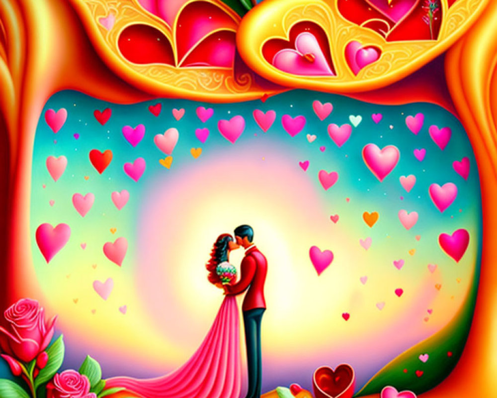 Vibrant Couple Embracing in Heart-Shaped Setting