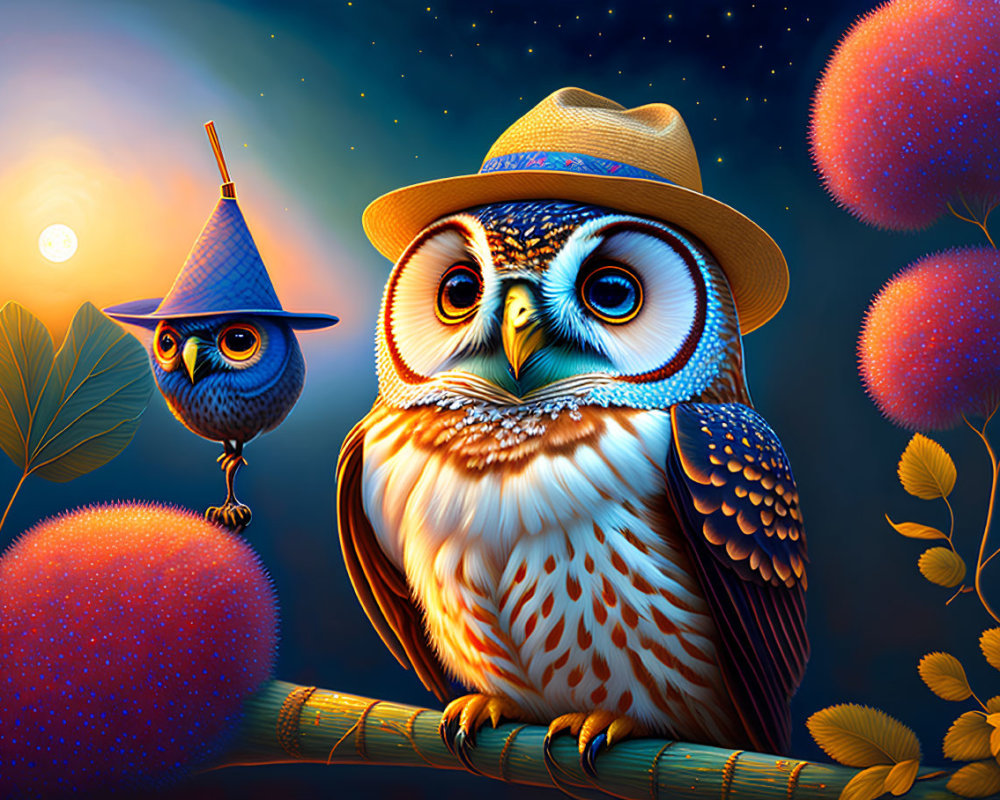 Colorful cartoon owls on branch at night with flowers under starry sky