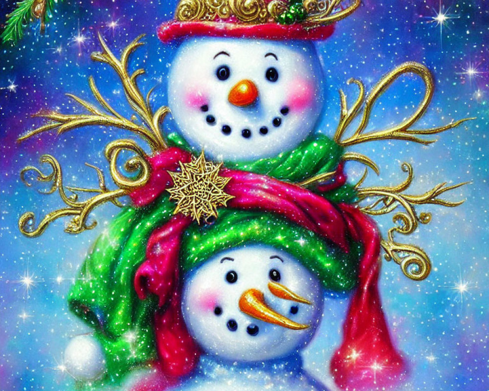 Cheerful snowmen with festive hats and starry sky scene