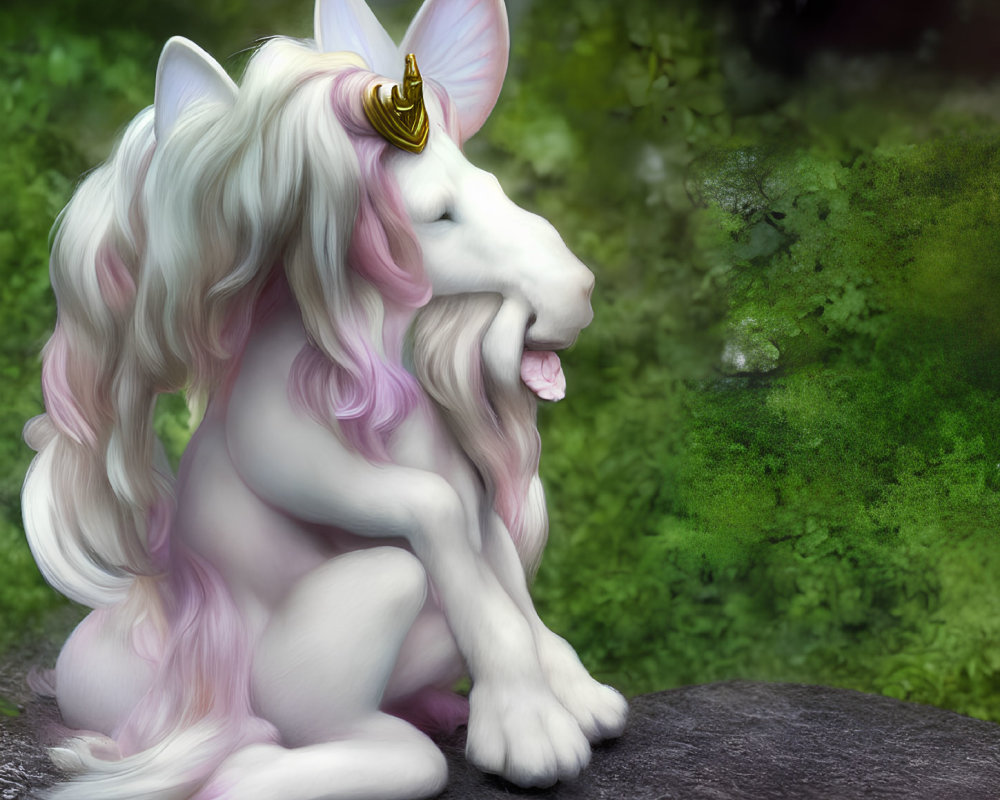 White Unicorn with Pink Mane and Golden Horn in Lush Green Setting