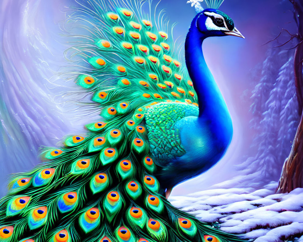 Colorful peacock illustration against snowy forest backdrop