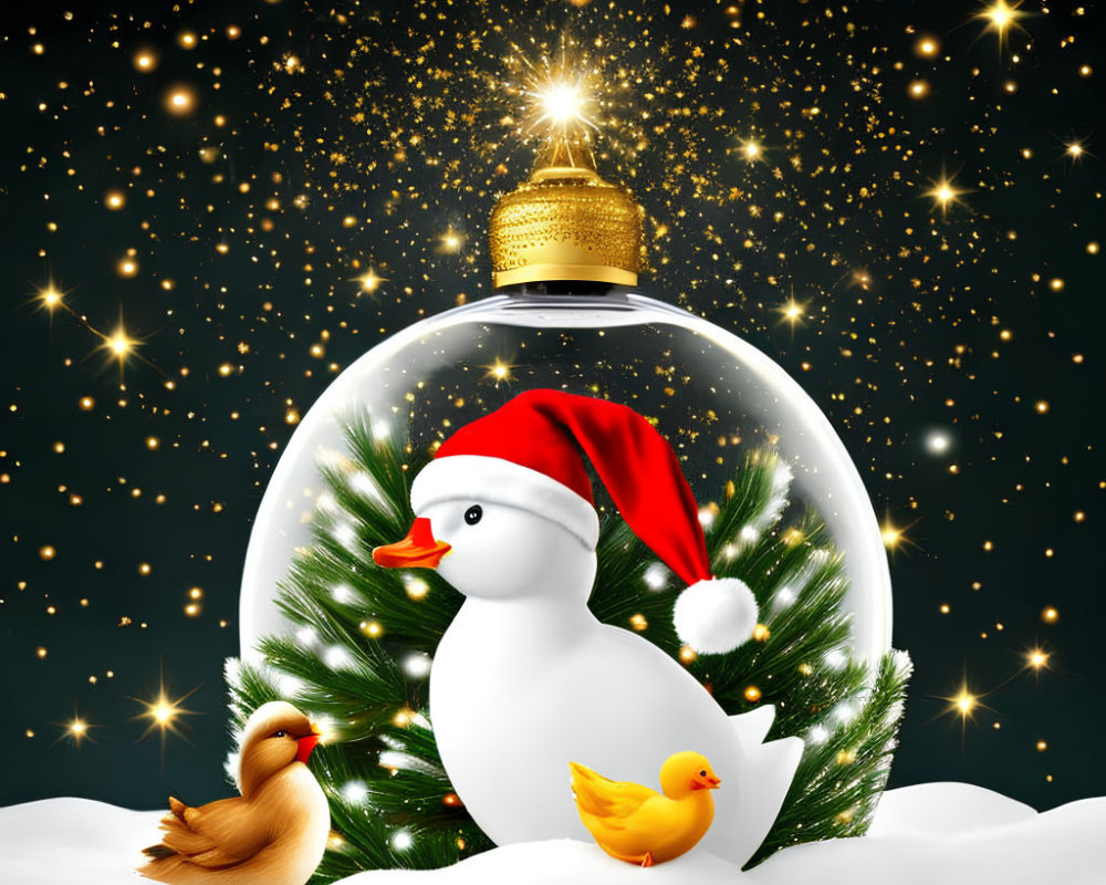 Snowman in Santa hat, ducks, starry night sky, snowflakes in Christmas ornament