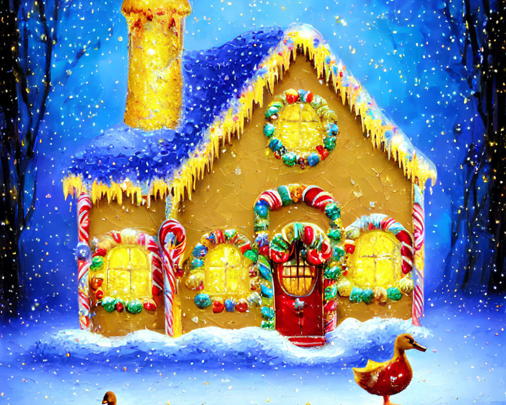 Whimsical gingerbread house with candy decorations in snowy scene