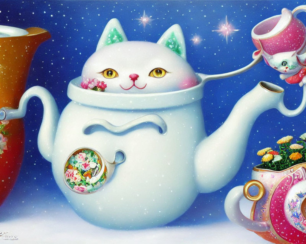 White Cat Pouring Tea with Teacup Hat and Kitten in Colorful Teapot Scene