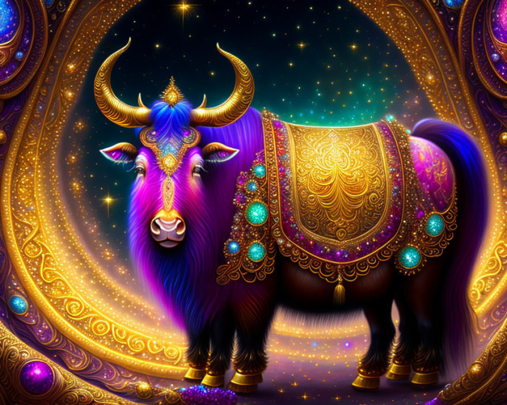 Colorful Yak Illustration with Cosmic Background