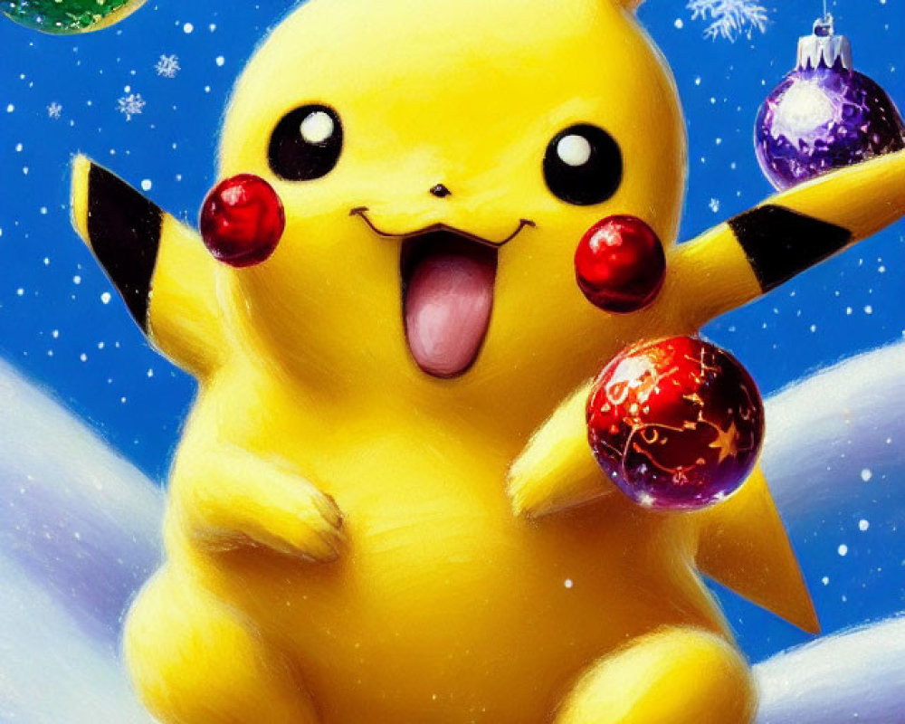 Festive Pikachu illustration with red ornaments in snowy scene