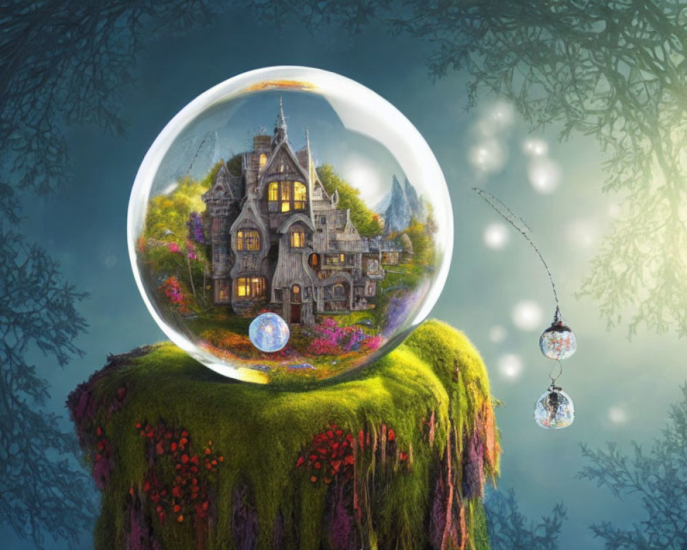 Whimsical artwork of Victorian house in transparent bubble on floating island