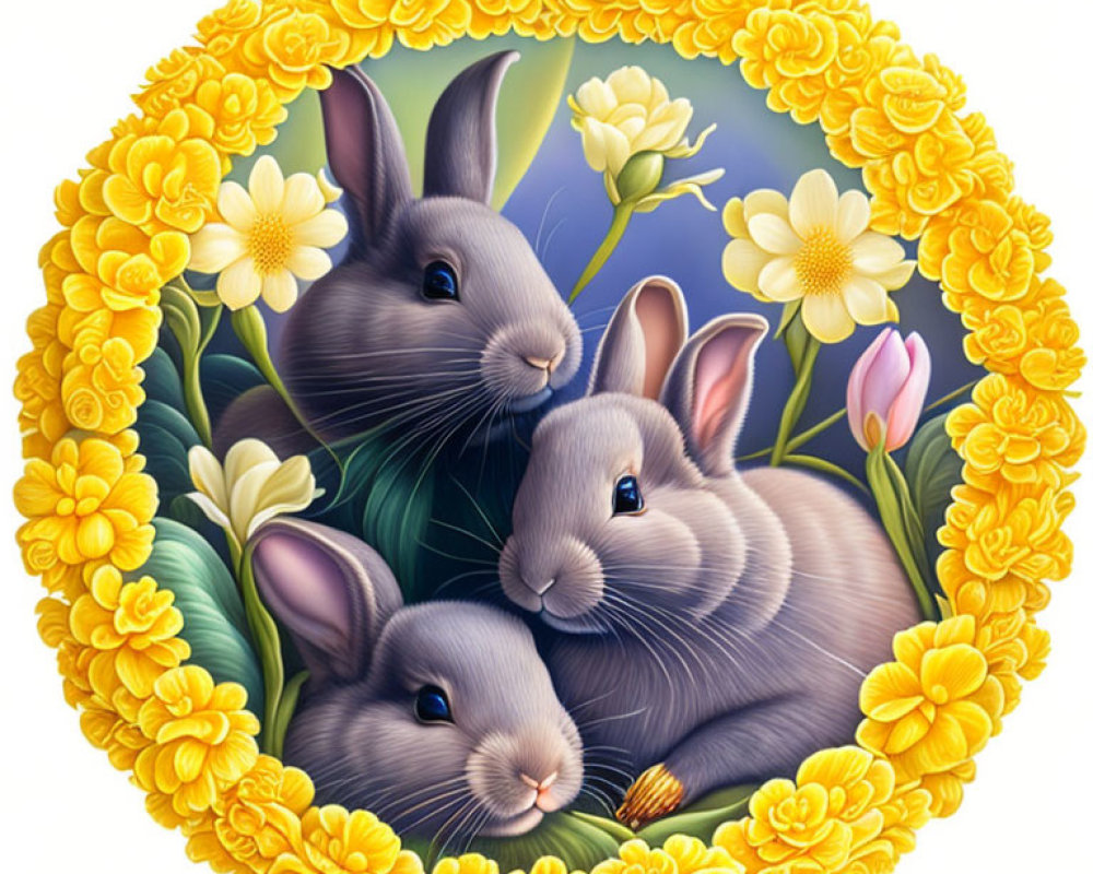 Circular illustration of three grey bunnies with yellow flowers, green leaves, and tulips.