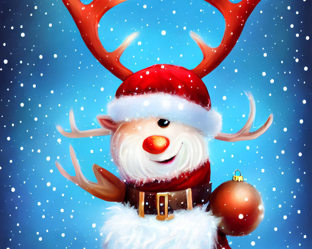 Cartoon reindeer in Santa's outfit with falling snow on blue background