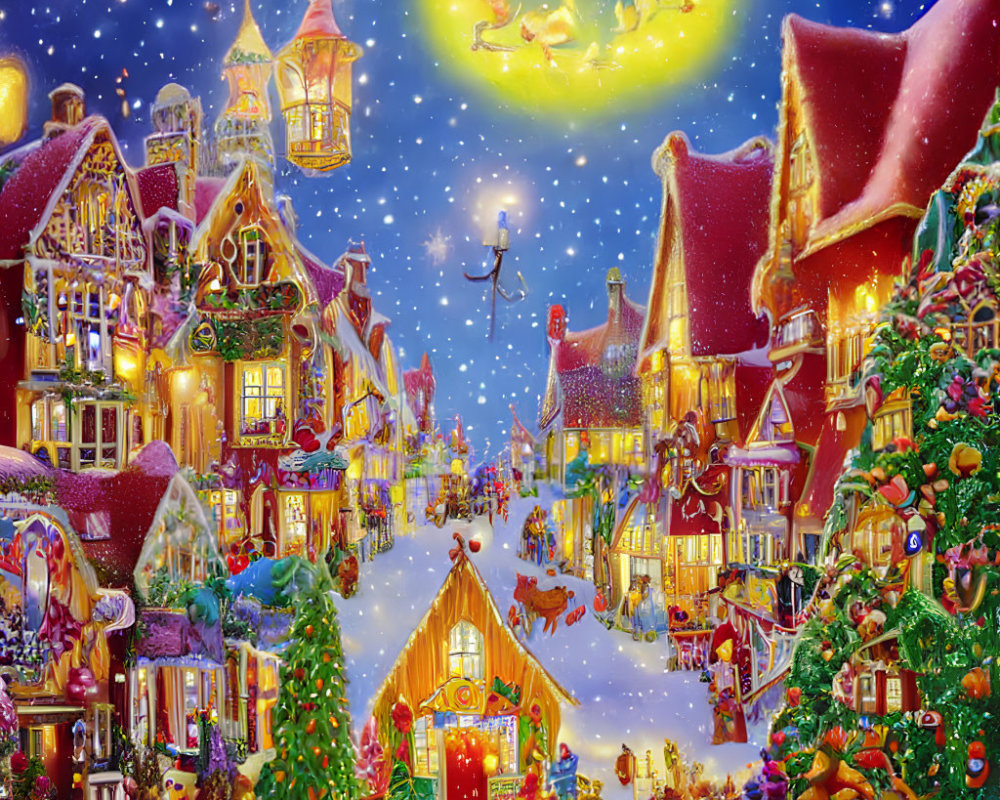 Festive Christmas Village Scene with Snow and Moonlit Sky