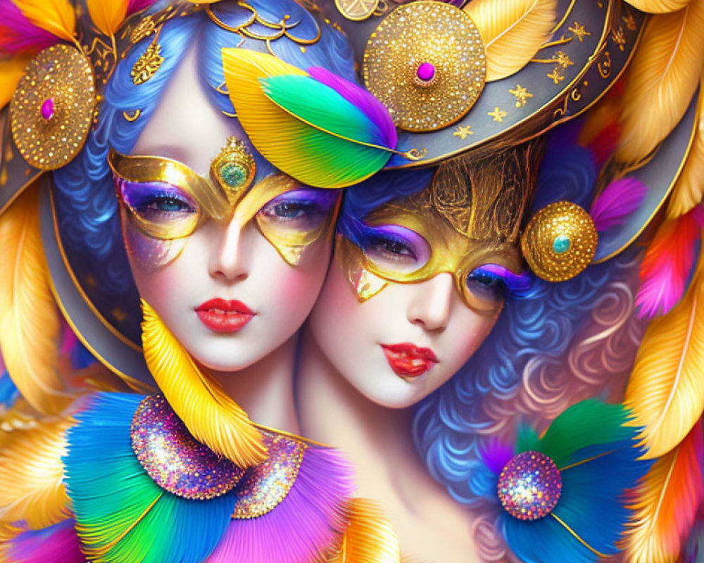 Colorful digital artwork: Stylized female faces with feathered masks and jewel-adorned head