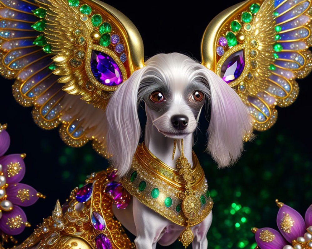 Stylized dog with jewel-encrusted butterfly wings on floral background