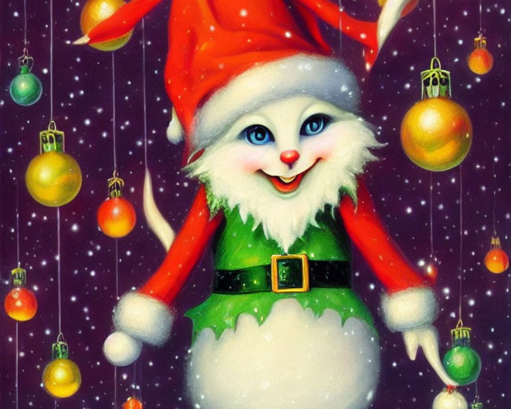 Cheerful anthropomorphic cat in Santa Claus outfit with Christmas ornaments