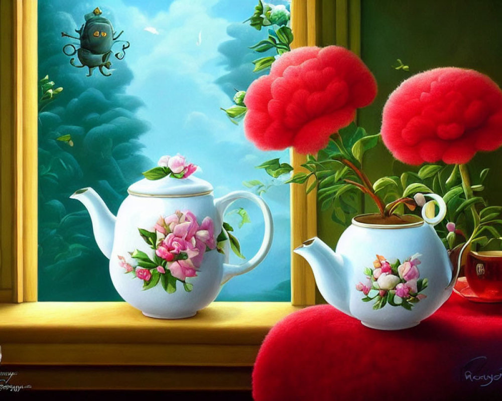 Whimsical artwork: Floral teapots, red trees, floating robot