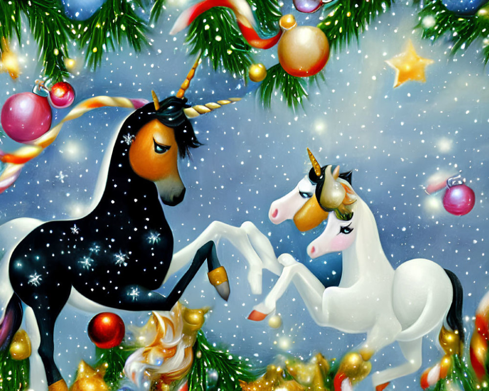 Illustrated unicorns with Christmas decorations in snowy setting