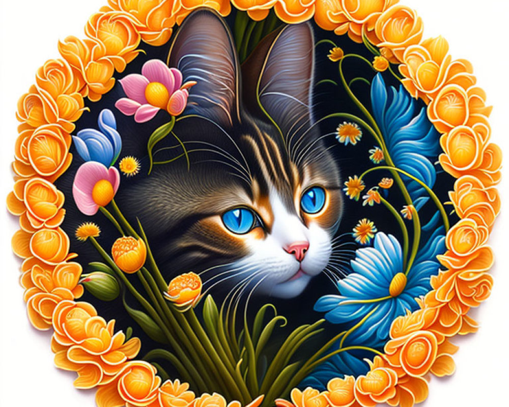 Colorful Cat Face Surrounded by Orange and Blue Flowers