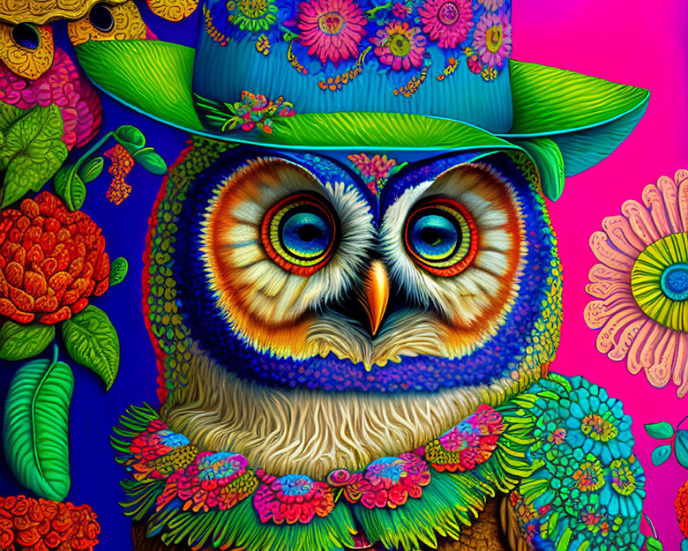 Colorful Stylized Owl with Floral Motif and Top Hat Design