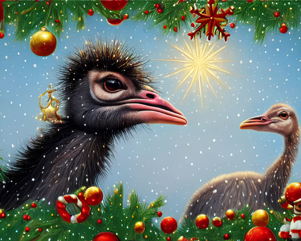 Two ostriches adorned with Christmas decorations in a festive setting.