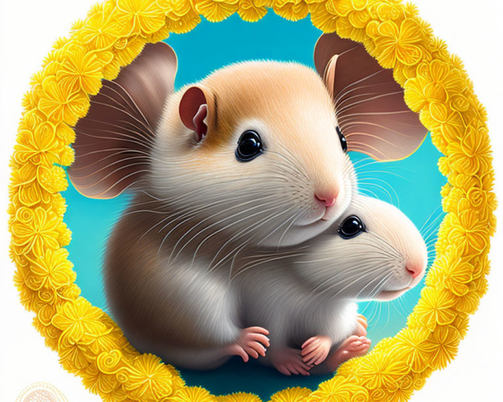 Adorable mice in yellow floral border on blue background