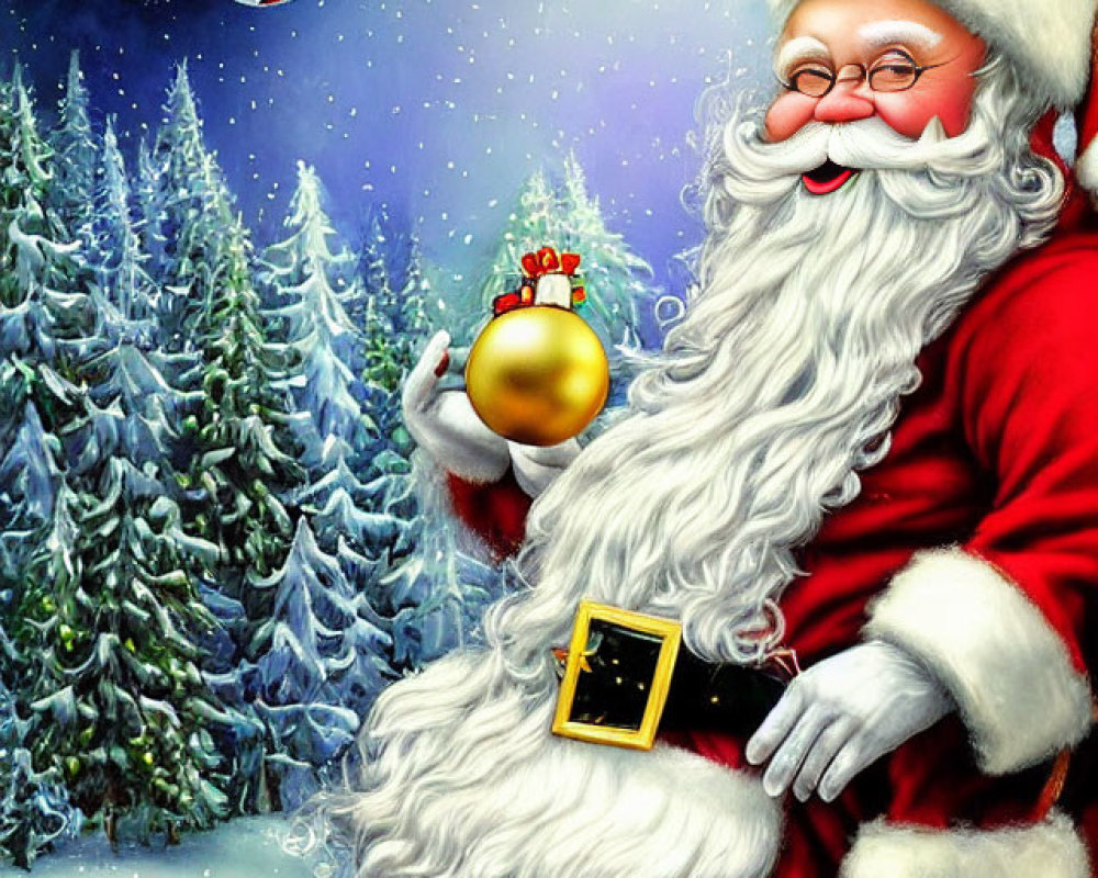 Festive Santa Claus with golden ornament in snowy setting