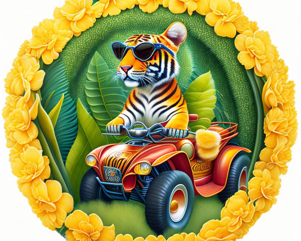 Tiger in sunglasses driving red car with floral border