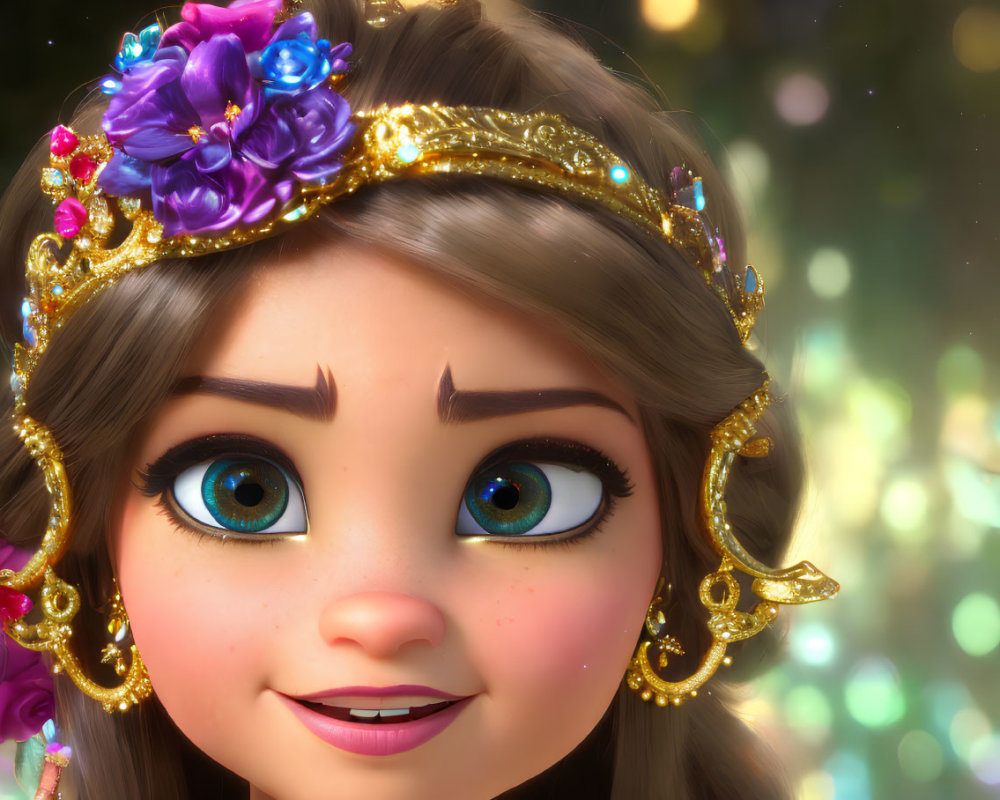 Close-up 3D-animated girl with blue eyes, golden crown, flowers, jewels, bo