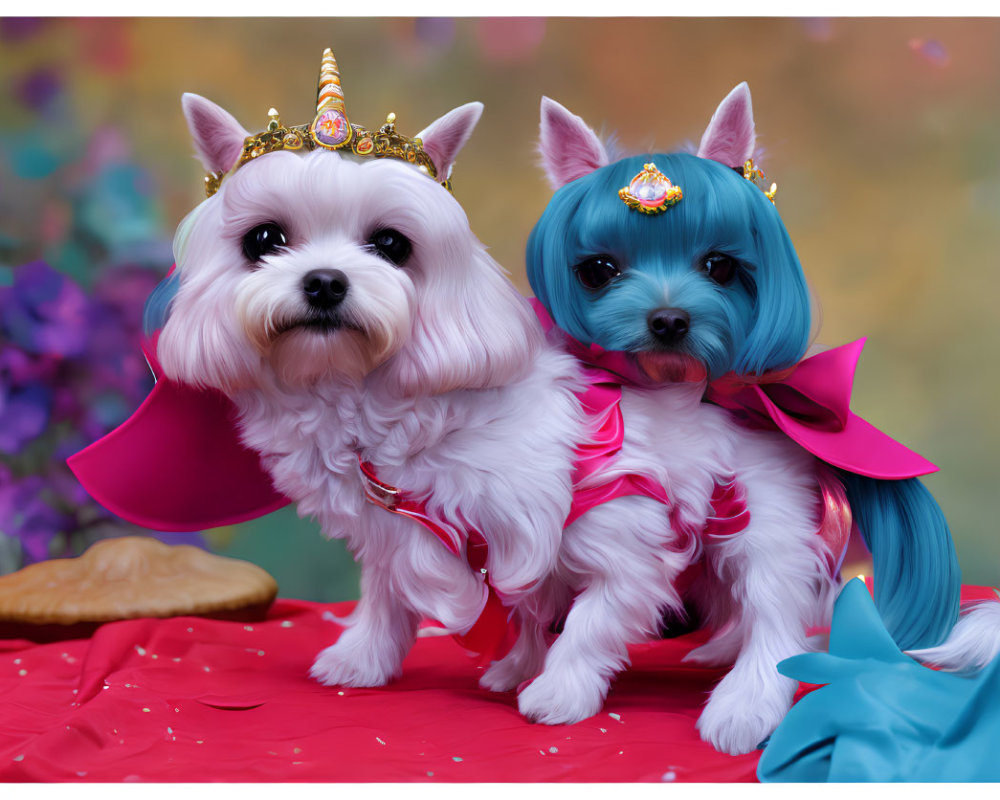 Two Small Dogs in Fantasy Costumes: Pink Cape and Unicorn Horn, Blue Mane and Tiara