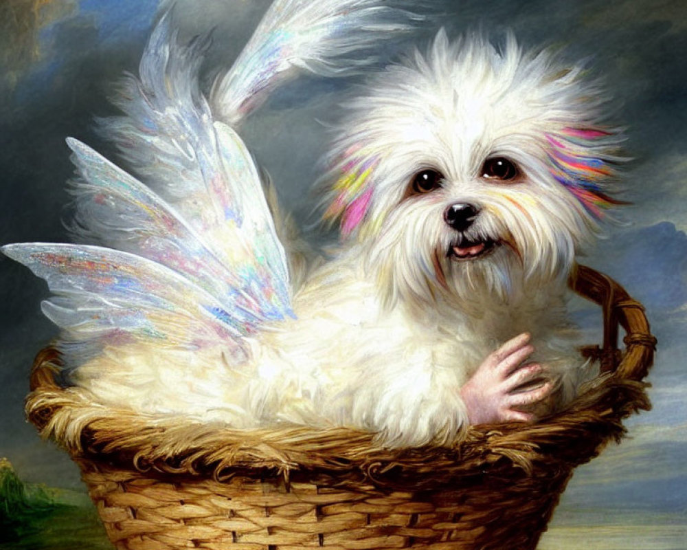 Fluffy white dog with colorful wings in wicker basket against painted sky background