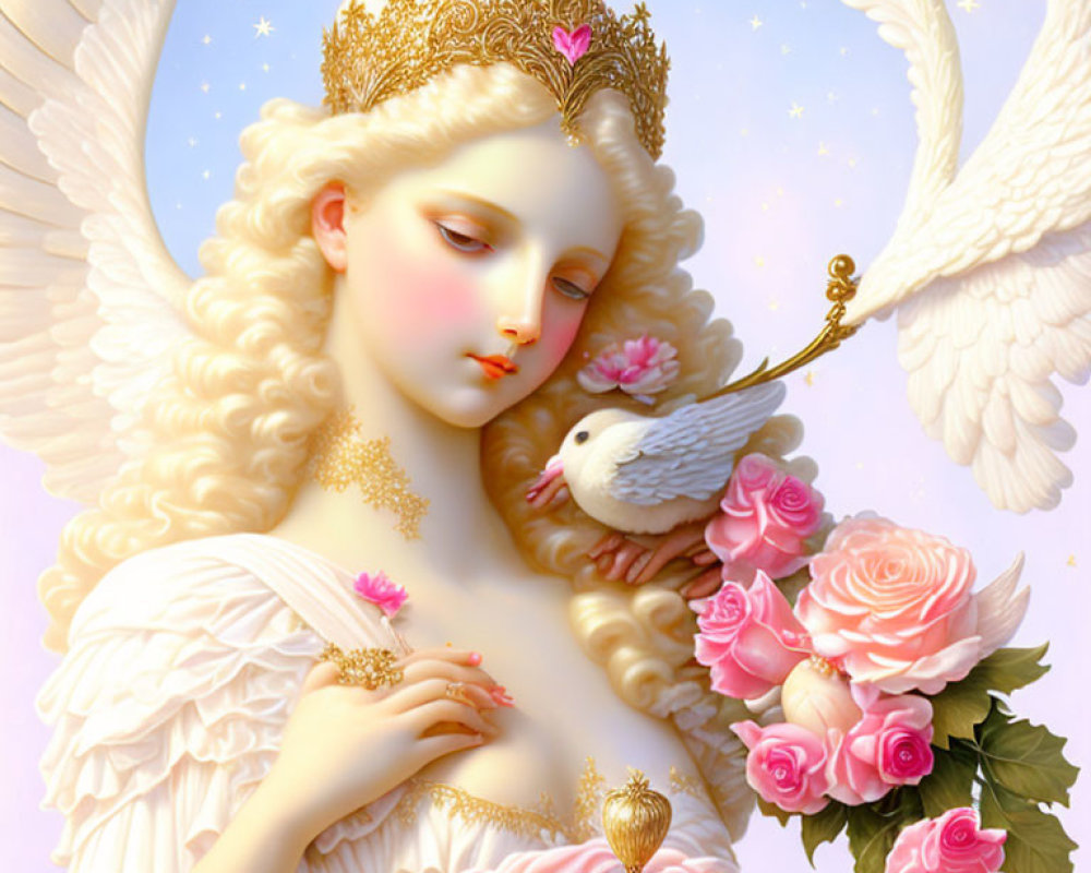 Golden-crowned angel holding dove and scepter among pink roses