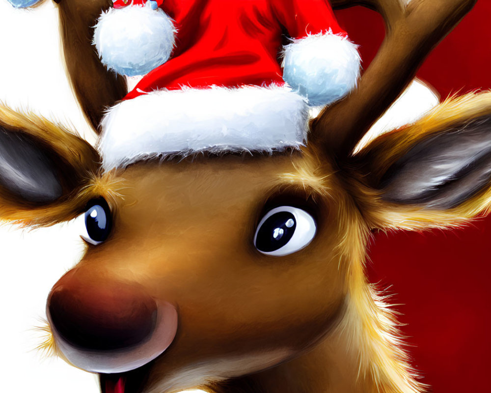 Cheerful cartoon reindeer with Santa hat and sparkling eyes