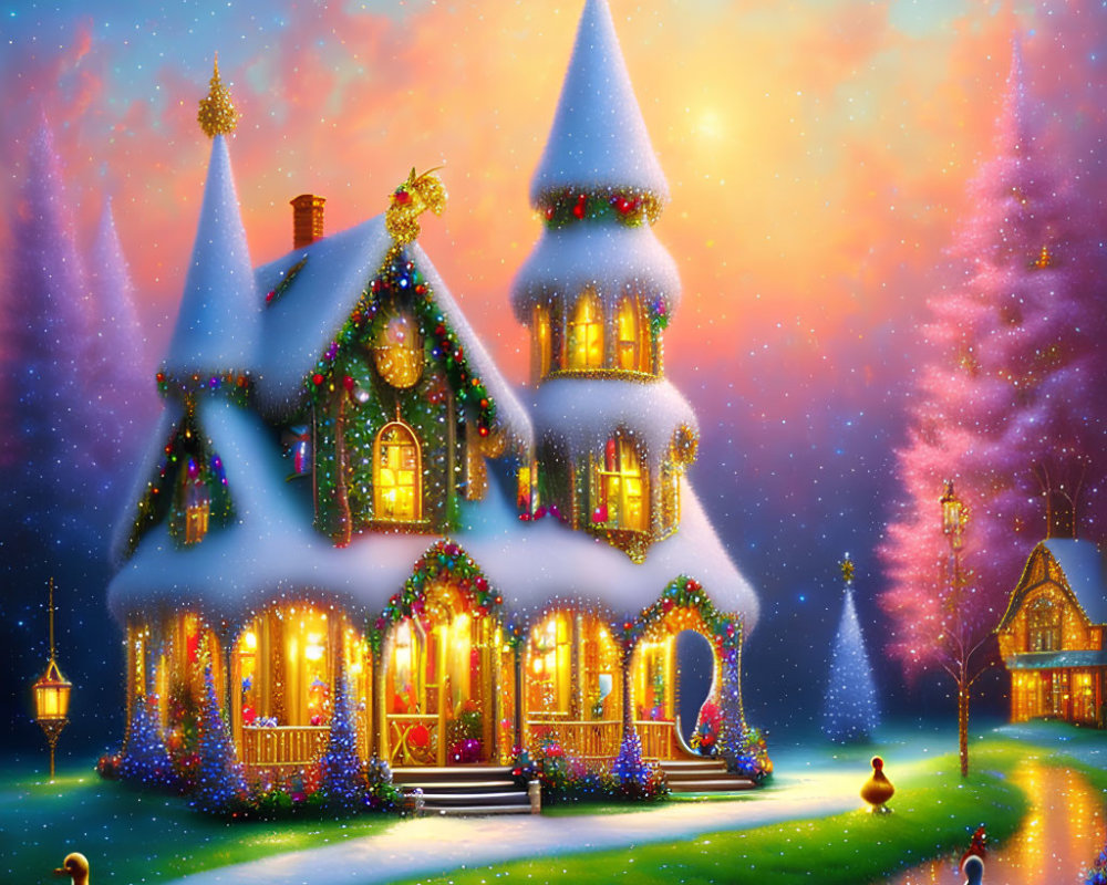 Snow-covered house with Christmas lights, ducks, and lanterns in twilight scene