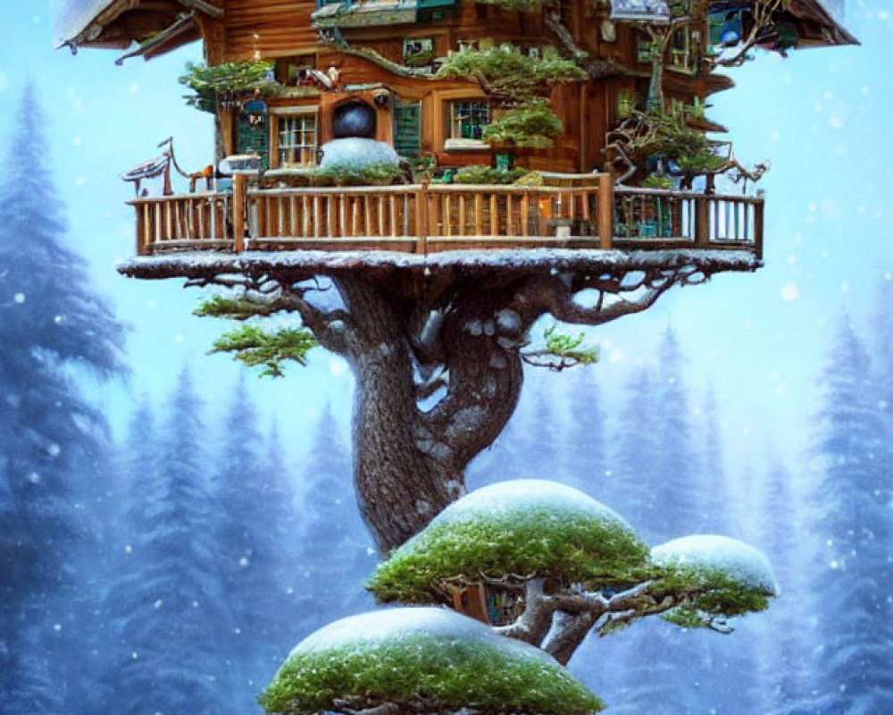 Detailed Winter Treehouse in Snowy Landscape