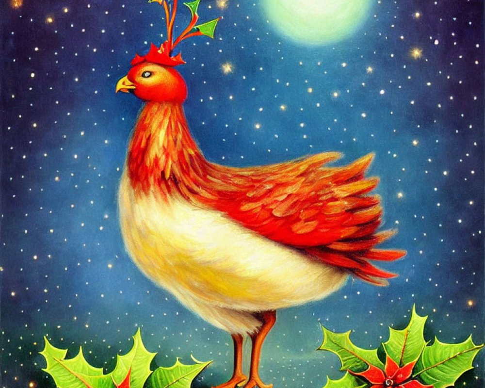 Colorful Chicken with Christmas Holly in Moonlit Sky and Holly Leaves