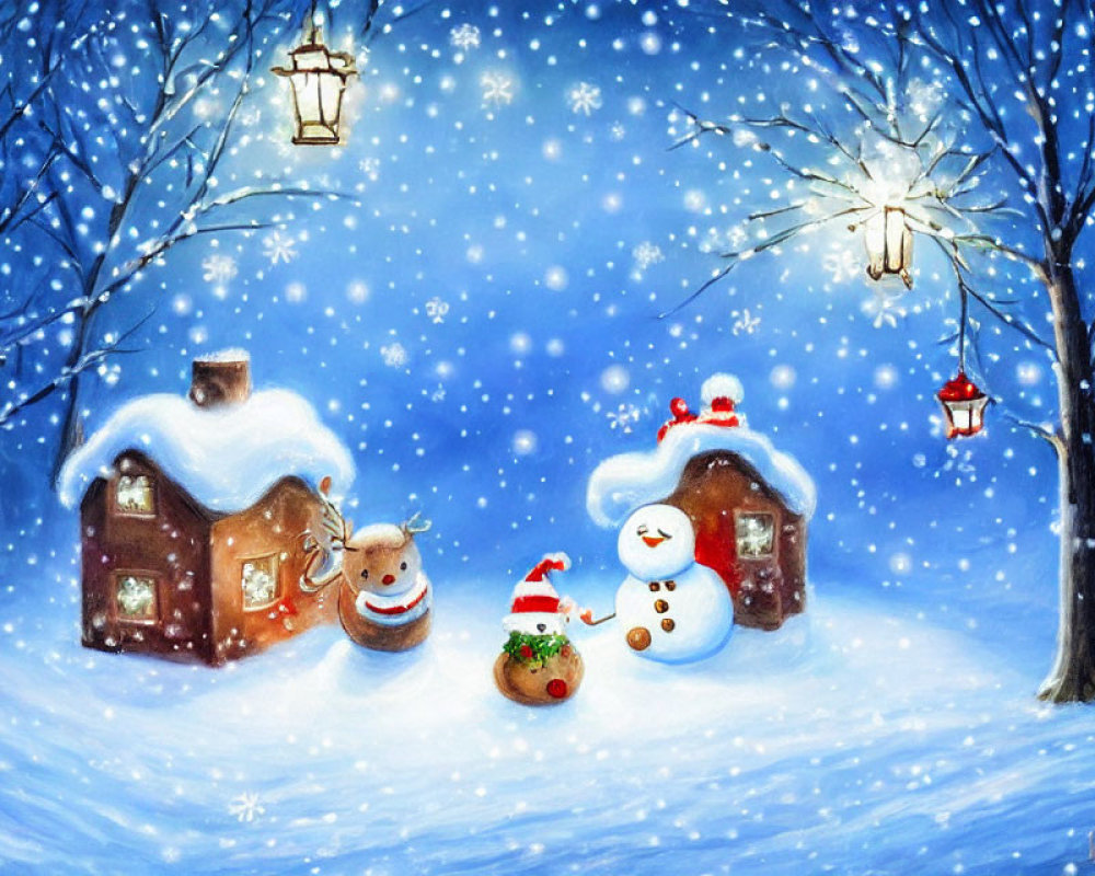 Snowman, reindeer, snow-covered houses in starlit winter scene