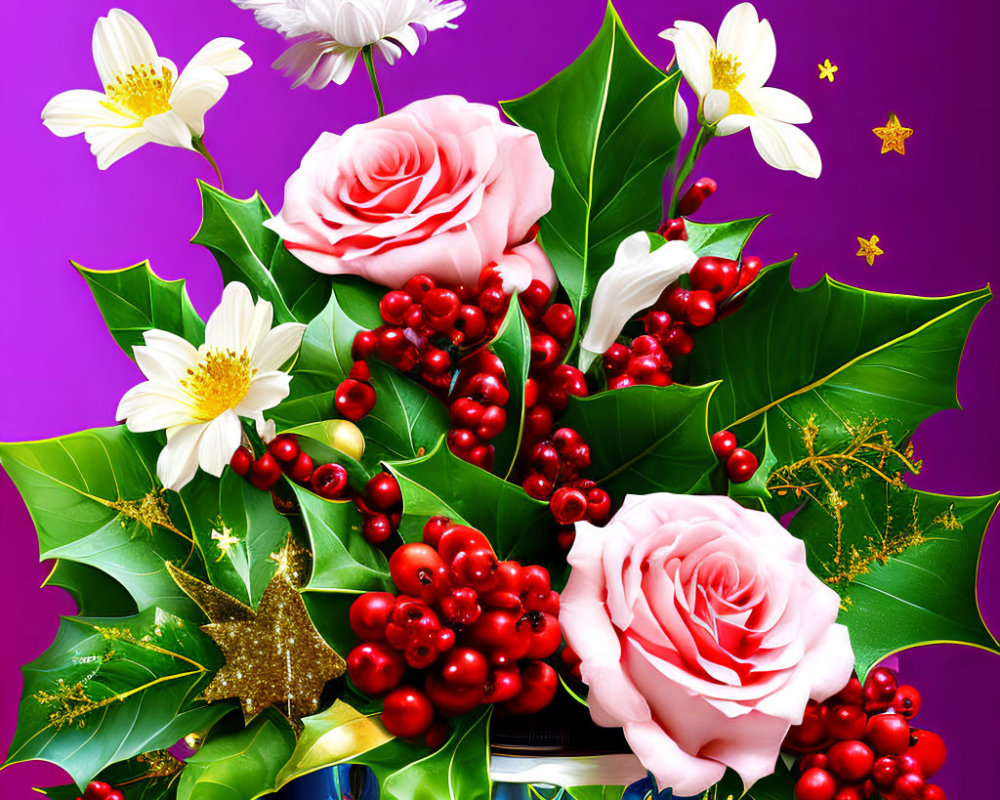 Colorful Floral Arrangement with Holly Leaves on Purple Background