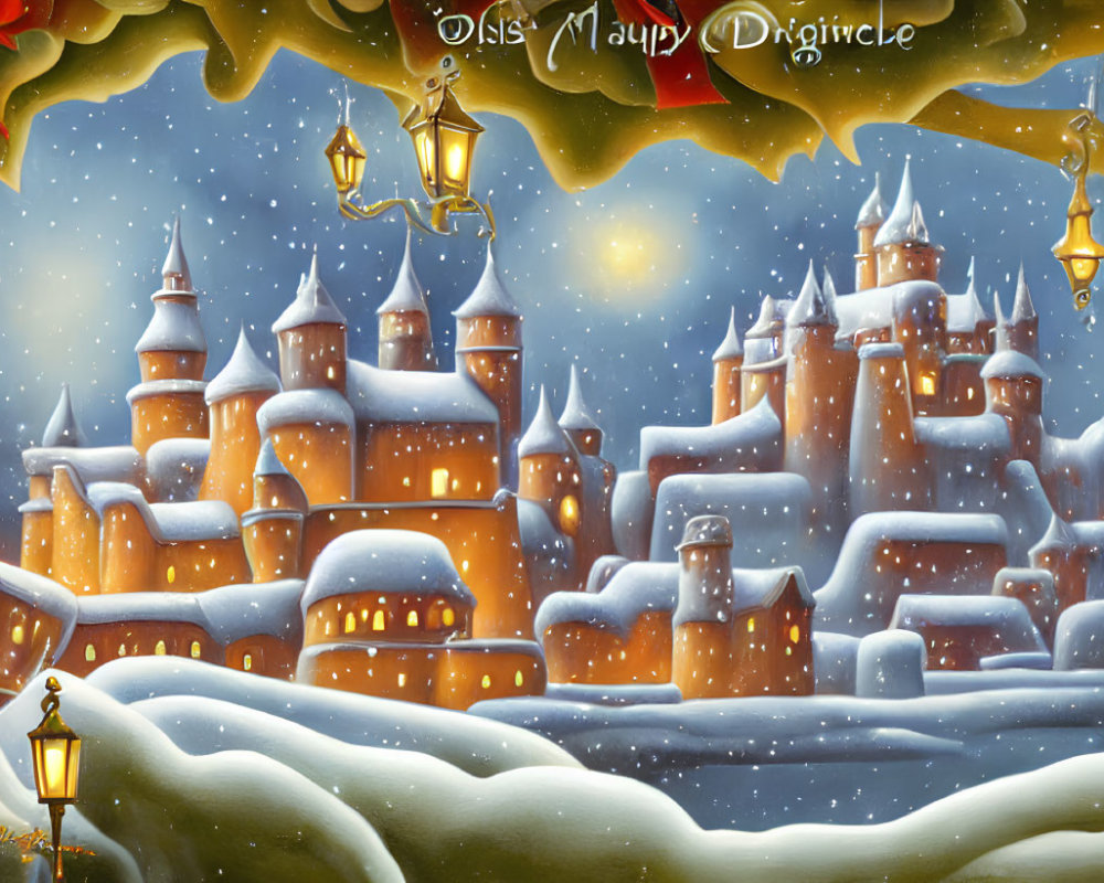 Snow-covered castle at night with golden lanterns and falling snowflakes