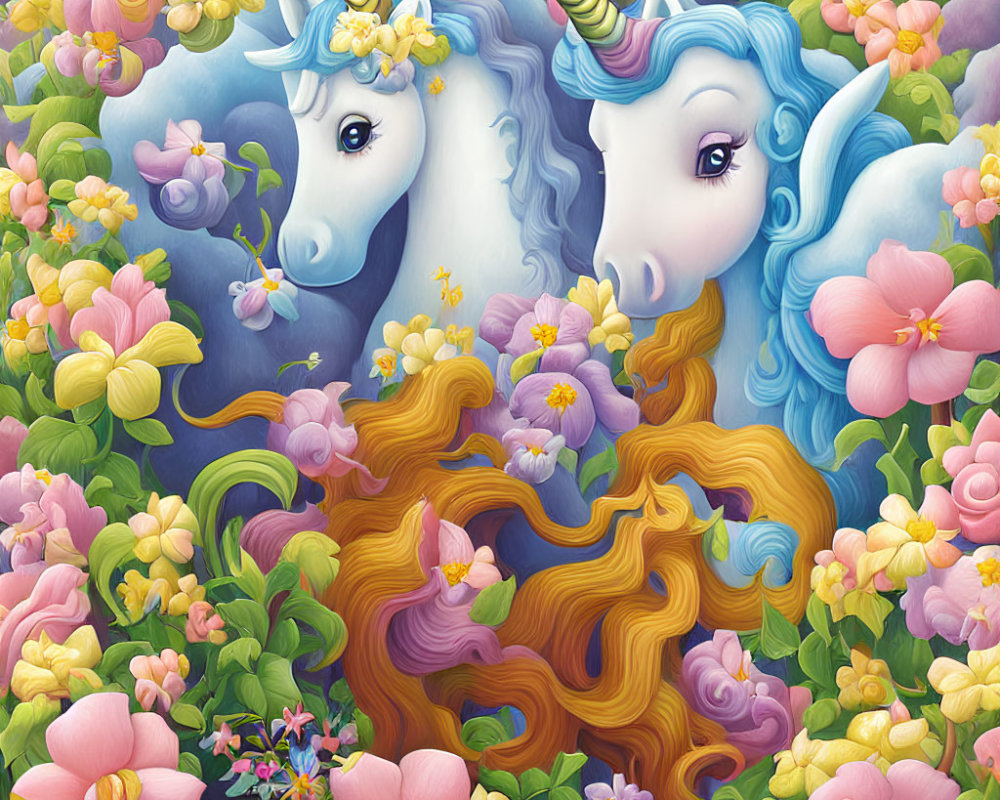 Vibrant unicorns with flowing manes in colorful flower field