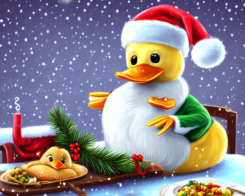 Cartoon ducks in festive scene with Santa hat, candle, holly, and snow