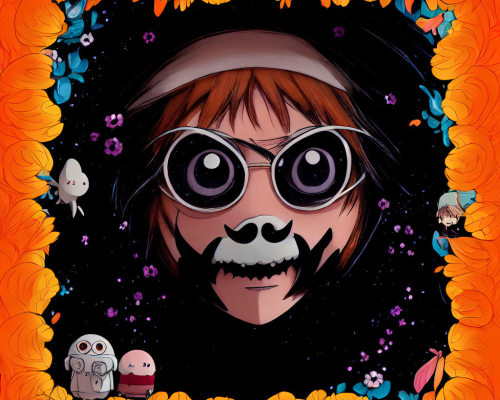 Person with Round Glasses and Face Paint in Floral Frame with Cartoon Characters