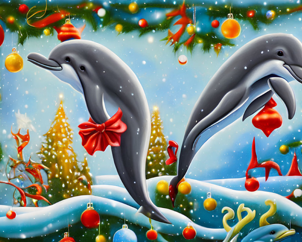 Festive Christmas dolphins with trees, baubles, and snowflakes