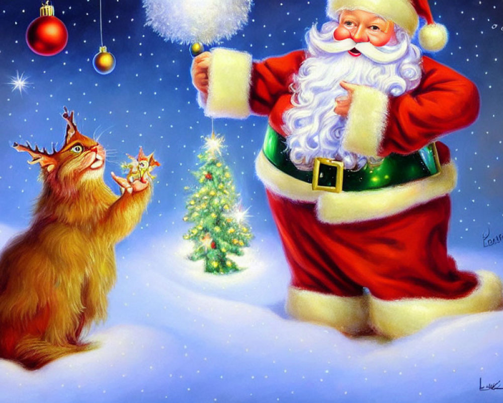 Santa Claus with magic wand and star, entertaining cat under night sky with Christmas tree.