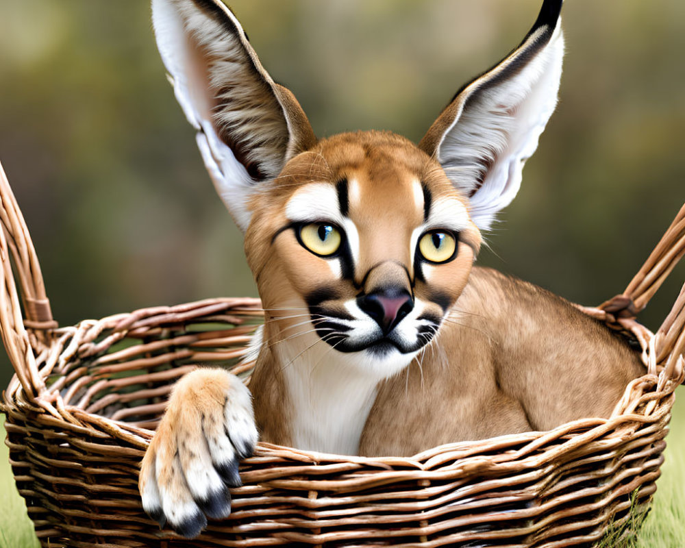 Anthropomorphic Caracal with Expressive Eyes in Wicker Basket