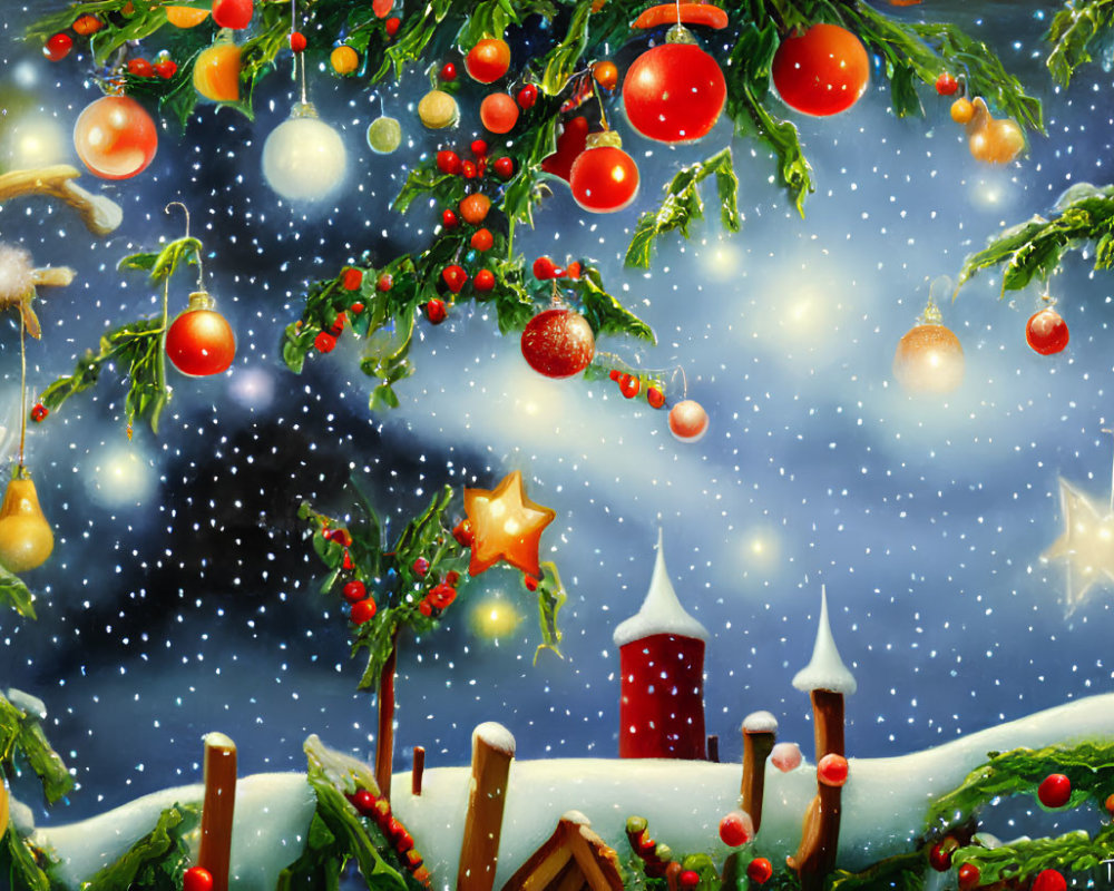 Christmas-themed winter scene with snowfall, decorated fir branches, and snow-covered houses.