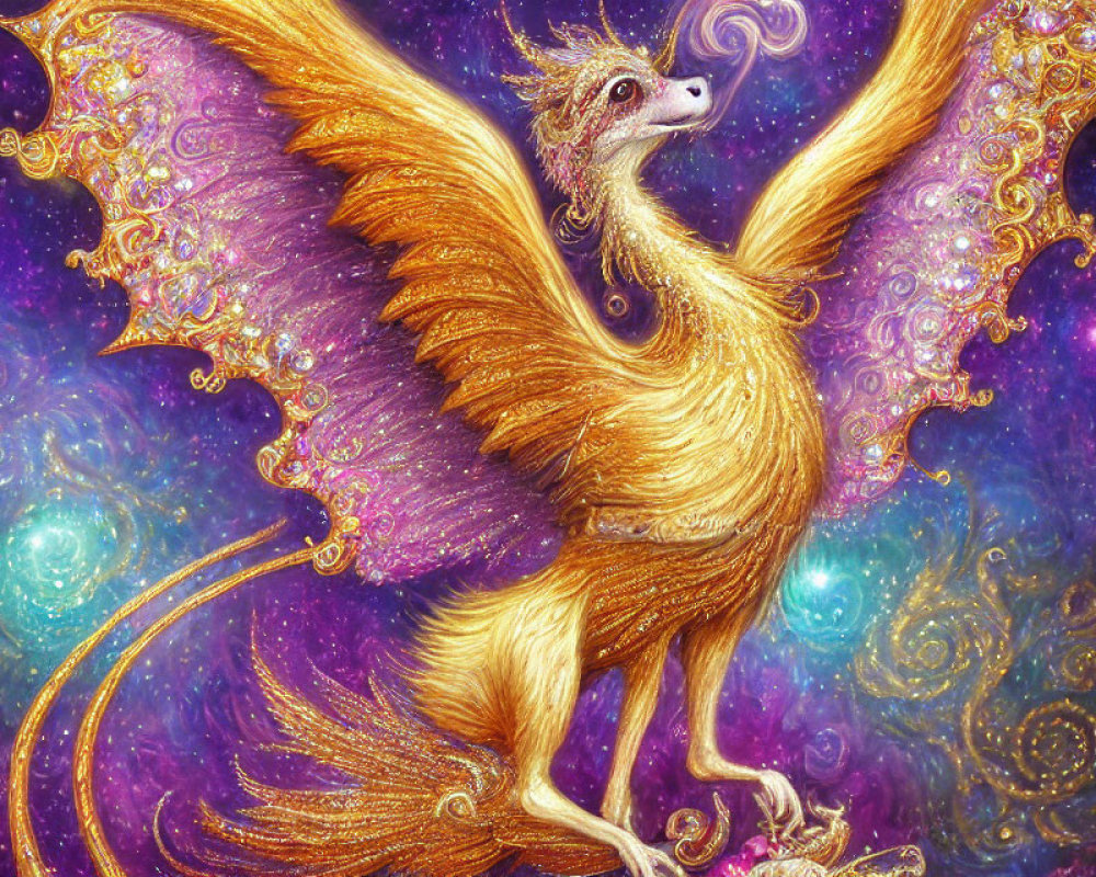 Golden dragon with feathered wings in cosmic background with purple hues.