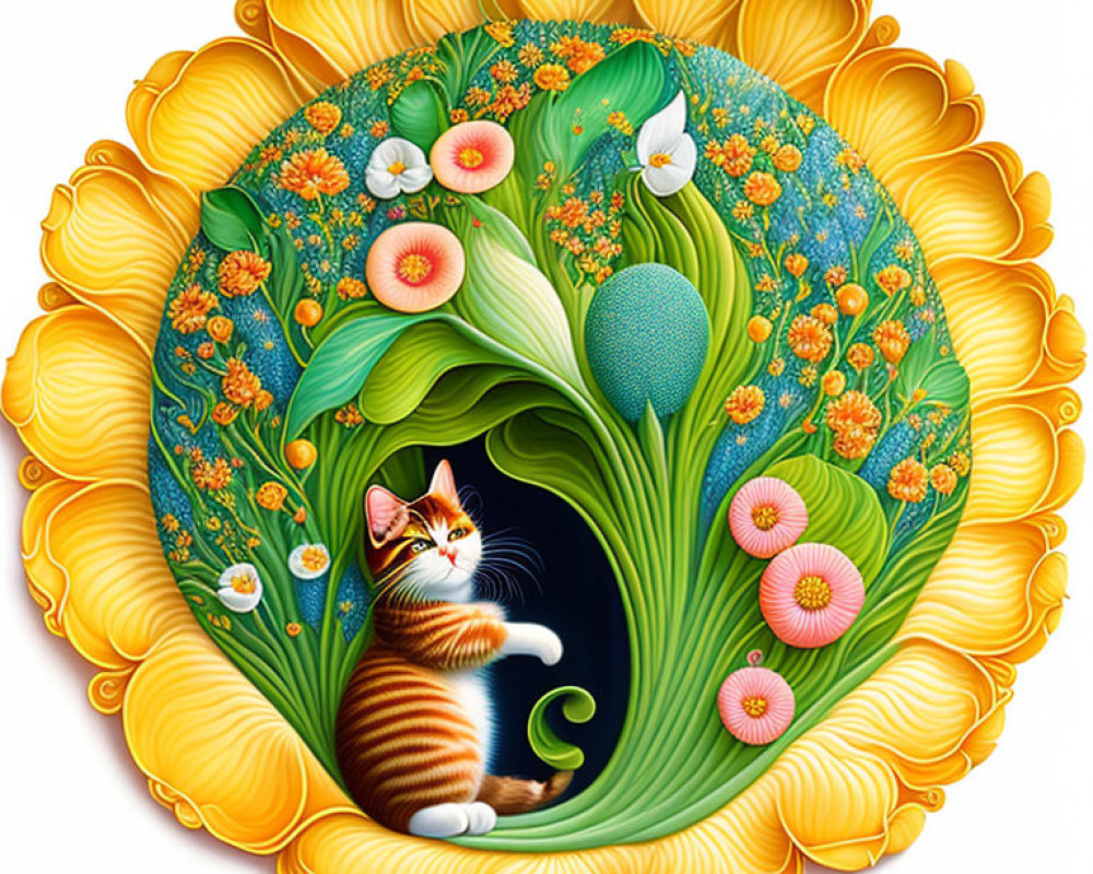 Colorful Illustration of Ginger Tabby Cat in Vibrant Floral Setting