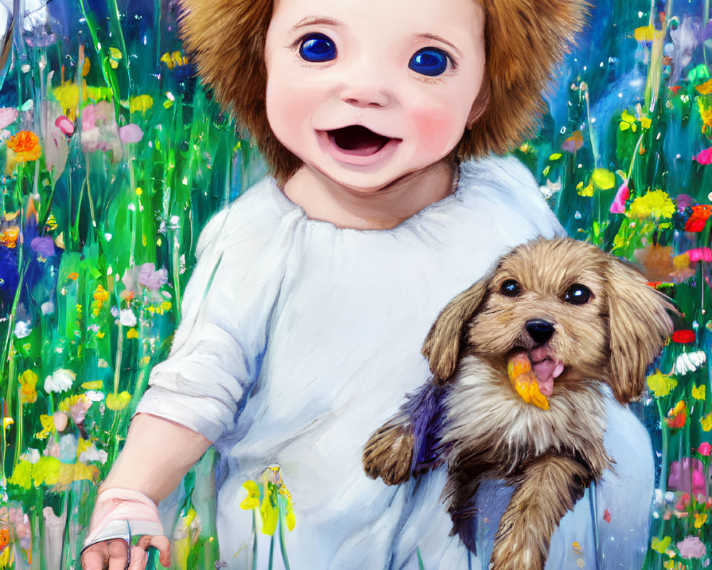 Smiling baby with puppy among wildflowers under blue sky